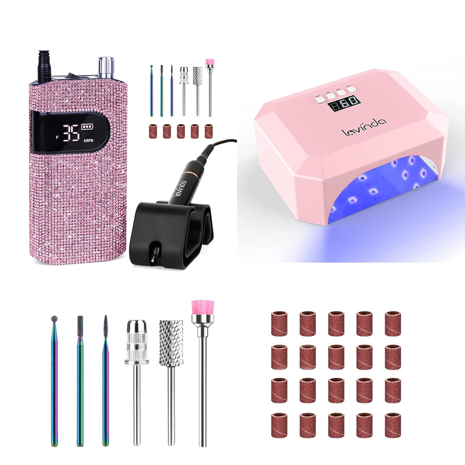 Lavinda Cordless Nail Lamp, UV LED Nail Lamp 56W Nail Dryer for Gel Polish & Professional Nail Drill Machine 35000RPM Electric Nail File for Acrylic Gel Nails Pink Diamond