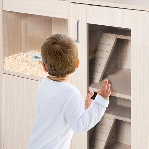 4-Tier Wooden Hamster Cage with Storage Cabinet, House for Rat Chinchilla, Openable Top, Acrylic Windows, Easy to Install, Waterproof, Suitable for Small Animals like Hamsters, Guinea Pigs (Teak)
