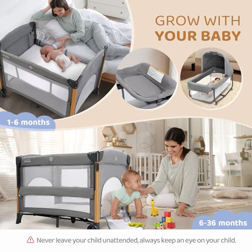 JOYMOR 7 in 1 Bedside Bassinet with Changing Table, All in One Nursery Center, Bedside Sleeper with Mattress, Sheet, Canopy, Storage Shelf and Hanging Toy,Gray