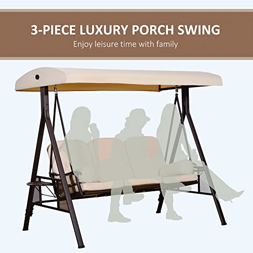 Outsunny 3-Seat Patio Swing Chair, Outdoor Porch Swing Glider with Adjustable Canopy, Removable Cushion, Pillows and Side Trays, for Garden, Poolside, Backyard, Brown