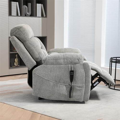 Light Grey Recliner Chair for Elderly | Tall and Big Man 400lbs | Chenille | Power Lift, Lay Flat, Stand Up, Wireless Charging Device, Extended Footrest, Massage Heat, Cup Holder, Lumbar Pillow