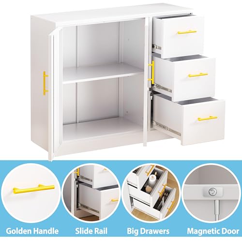 Large Metal Sideboard Buffet Cabinet with 2Doors and 3Drawers,Cupboard Console Coffee Wine Bar,lateral File Cabinet with Lock,Storage Accent Cabinet for Kitchen Dining Room, Living Room,Entryway