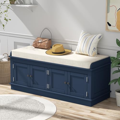 Storage Drawers and 2 Cabinets, Shoe Bench w/Removable Cushion & Seating for Entryway Living Room Hallway Bedroom, 43.7", White1