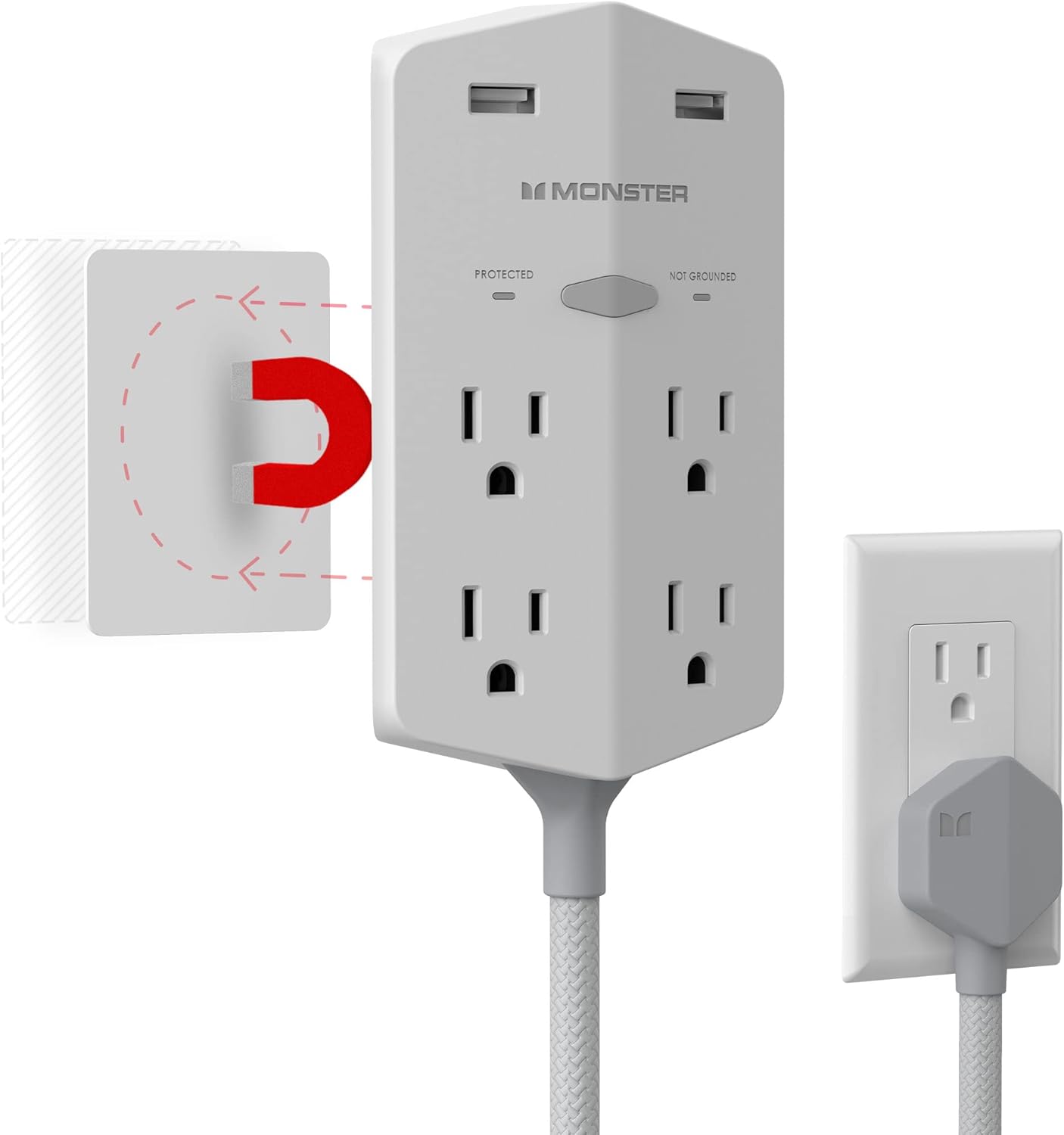 Monster Power Shield XL Surge Protector Outlet Extender & Magnetic Hub with 4 AC Outlets, 2 USB-A Ports, 20W Power Delivery, Black Pack of 2