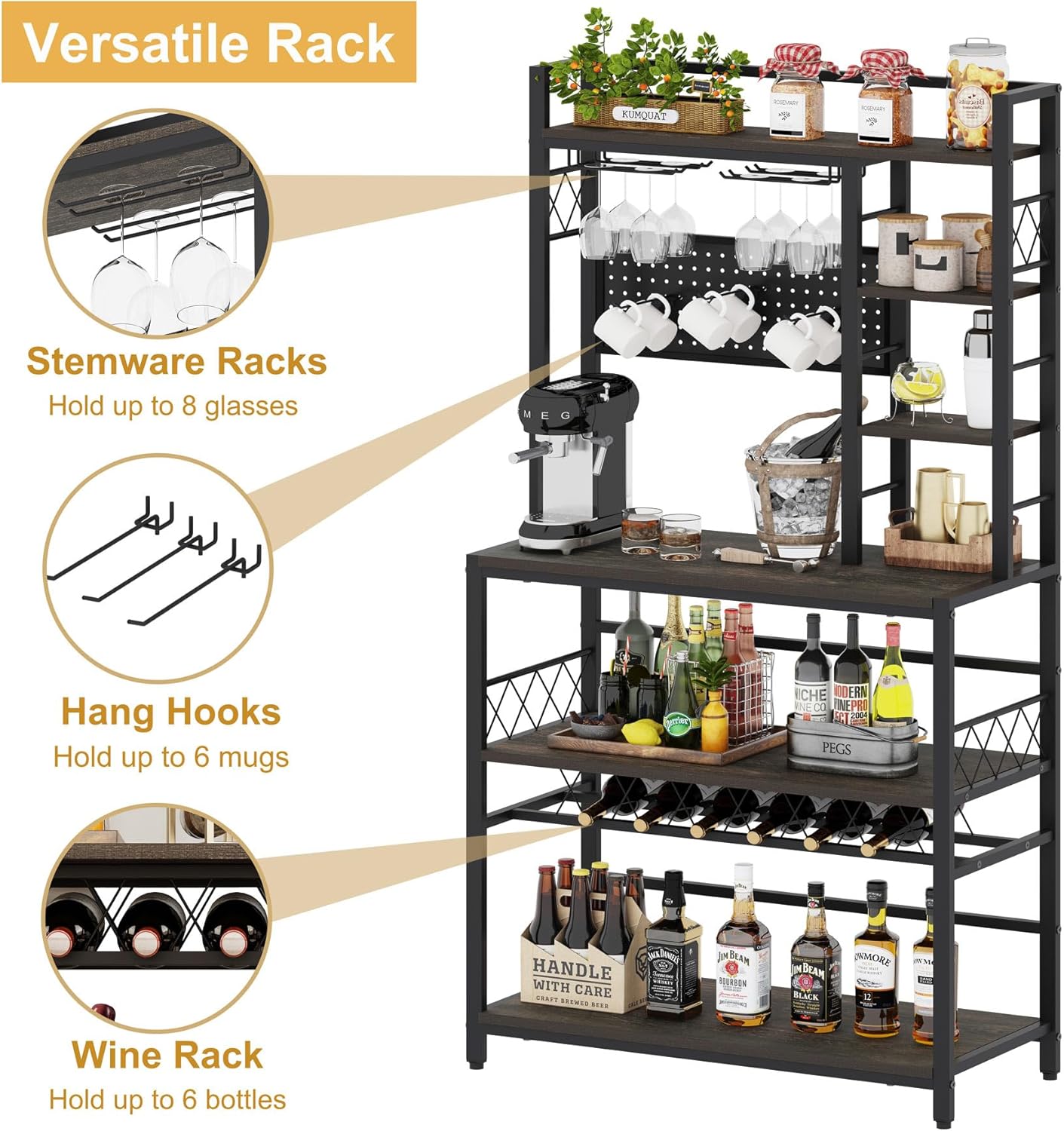 Industrial 3 Tier Mobile Gold Bar Cart with Wine Rack Freestanding Floor with Glass Holders and Hooks, Coffee Bar Cabinet with Storage with Wood and Metal Beverage Cart (Gold & Walnut Brown)