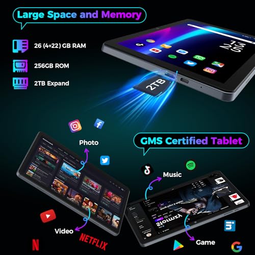 Android 15 Tablet with Keyboard, 26GB RAM, 256GB ROM(2TB Expand), 10.1 inch Octa-Core Tablets, 5G/2.4G WiFi, 8000mAh Battery, BT 5.0, GMS Certified, with Mouse, Case, Stylus, Split screen(Green)