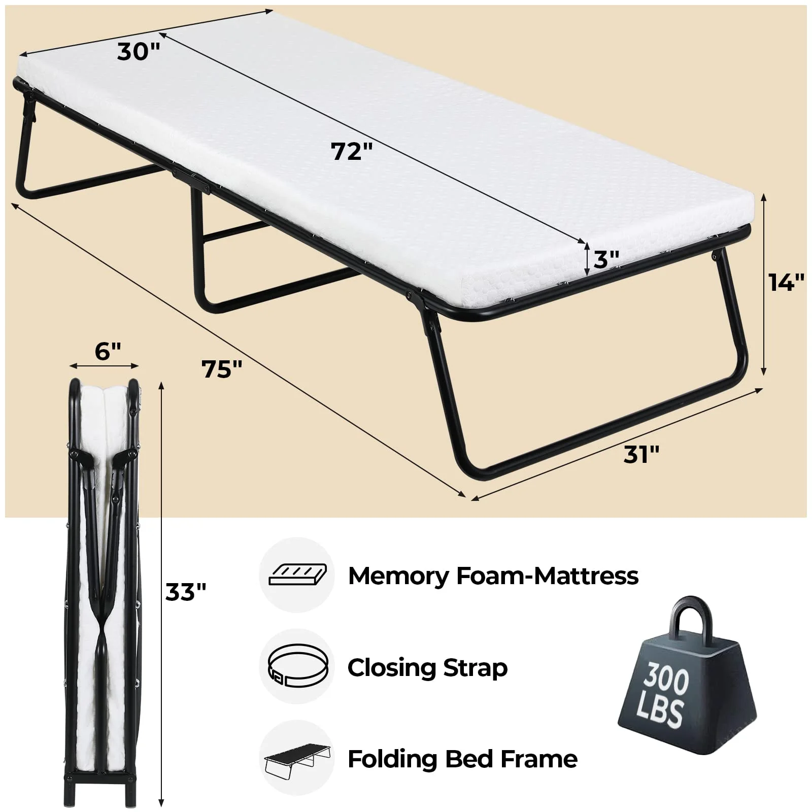 Pirecart Folding Bed,Rollaway Bed with Mattress for Adults, with Memory Foam Mattress, 75" x 31"x14"