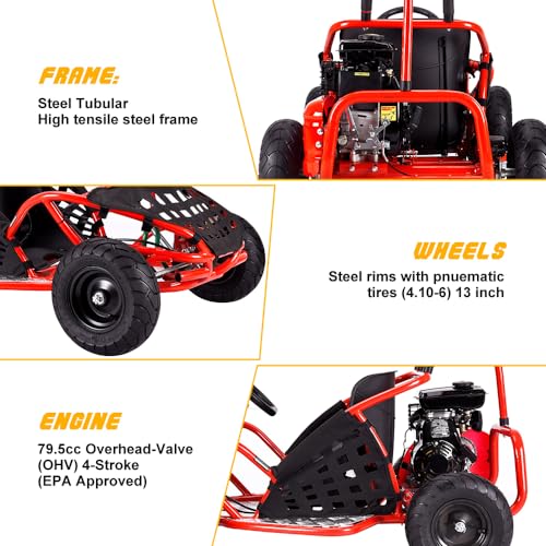 79cc 4-Stroke Gas Go Kart, 2.5HP Off Road GoKart EPA Approved with Steel Tubular Frame, Seat Belt, 13 inch All-Terrain Tires for Kids and Teens (Red)