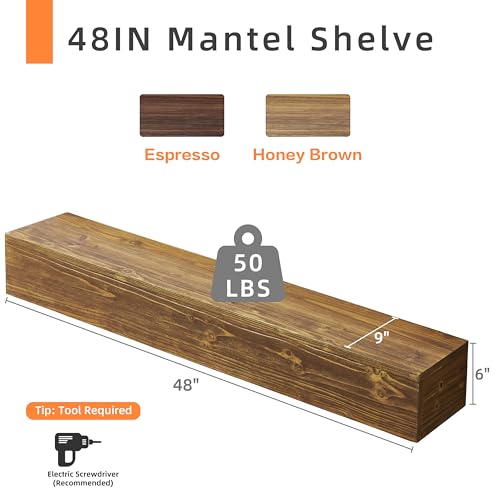 60" Rustic Wood Fireplace Mantel | Wall-Mounted & Floating Shelf for Home Decor
