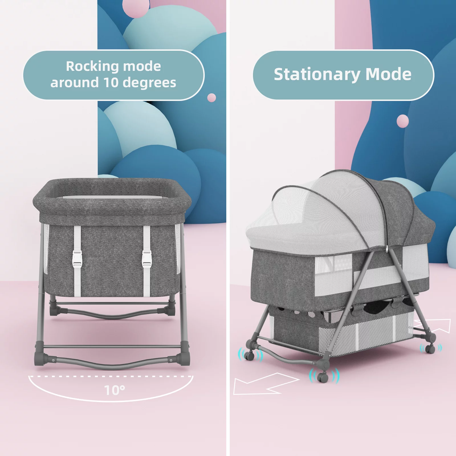 XJD Baby Bassinet Portable Folding Rocking Bassinet for Baby 2-in-1 Rocking Cradle Bassinet for Newborn Infant Crib Toddler Bassinet with Storage Basket, Travel Bag, Gray