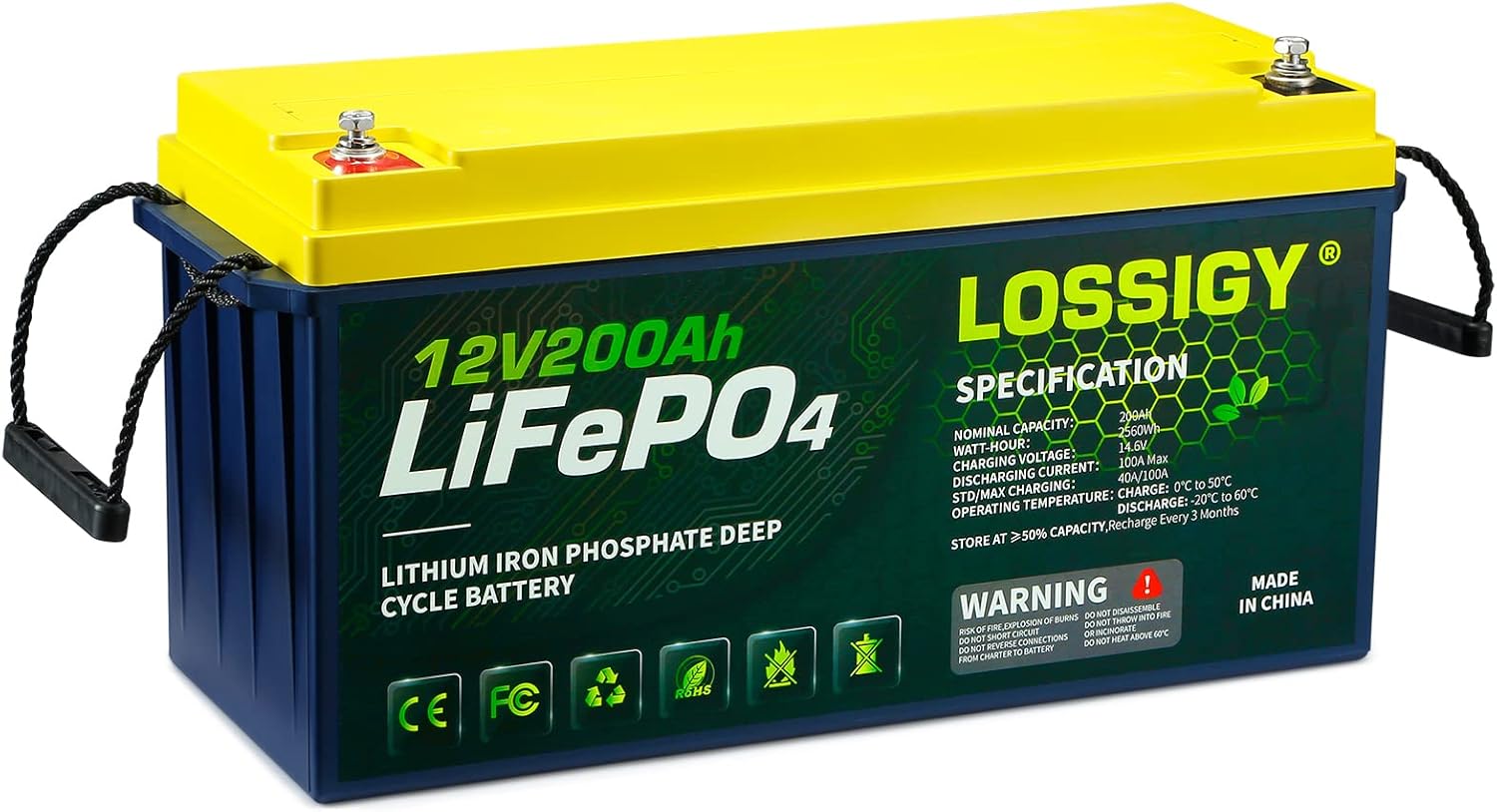 LOSSIGY LiFePO4 Battery 12V 200Ah Deep Cycle Lithium Ion Battery, Built-in 100A BMS, 4000+ Cycles, 280Amp Max, Perfectly replace all RV, Solar systems, Marine Batteries Application, Maintenance-Free
