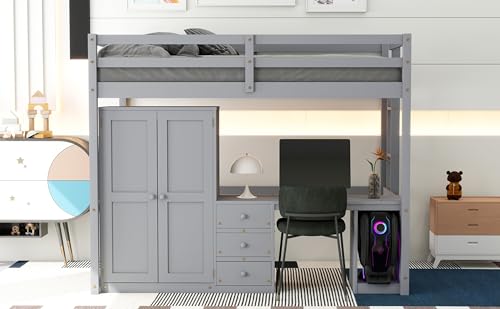 Wooden Full Size Loft Bed with Wardrobe, Desk and Storage Drawers,for Kids Teens Adults Bedroom Use (White@Drawers, Full)