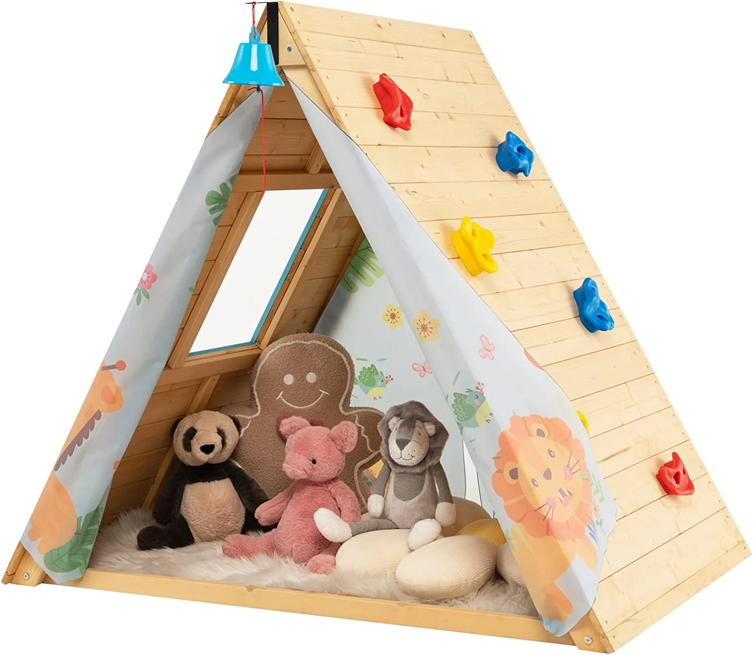 Triangle Climber with Tent, Kids Hideaway Play Tent & Rock Wall Climbing, Waterproof Tent Cover for Indoor Outdoor, Ring Bell, Wooden Climbing Triangle Crawling Tunnel Toy for Toddlers