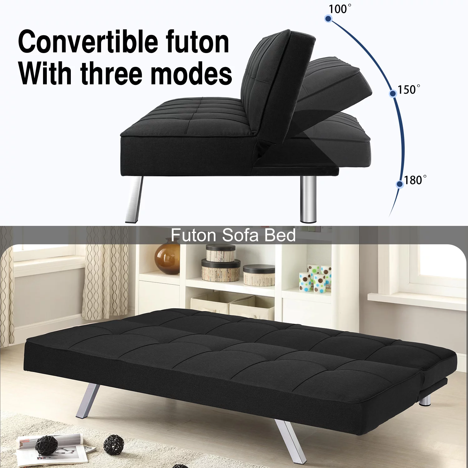 Vineego Modern Convertible Fabric Futon Sofa Bed, Black