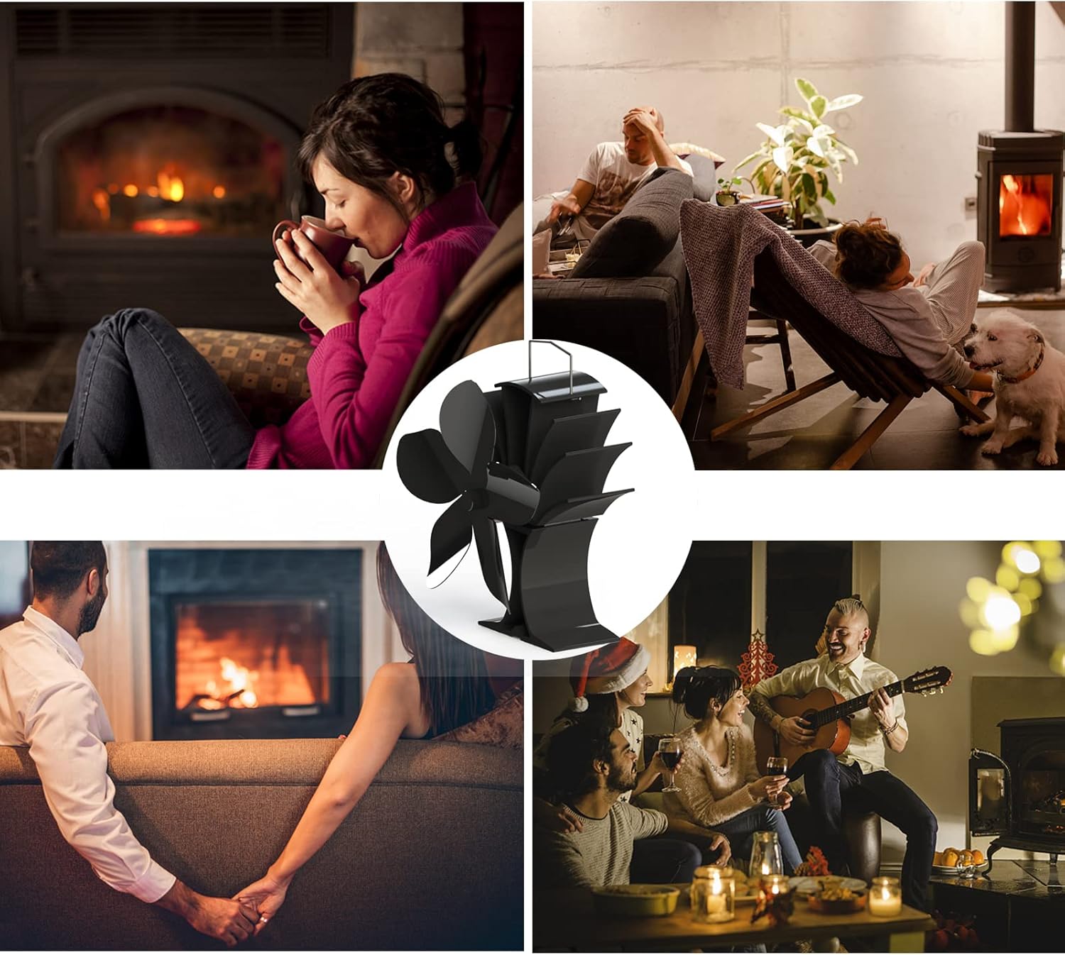 Wood Stove Fan - 5 Blades Heat Powered Stove Fan for Fireplace/Wood Burning/Log Burner,Thermoelectric Eco Non Electric Fan,Wood Pellet Stove Gas Fireplace Accessories with Magnetic Thermometer Pack of 2