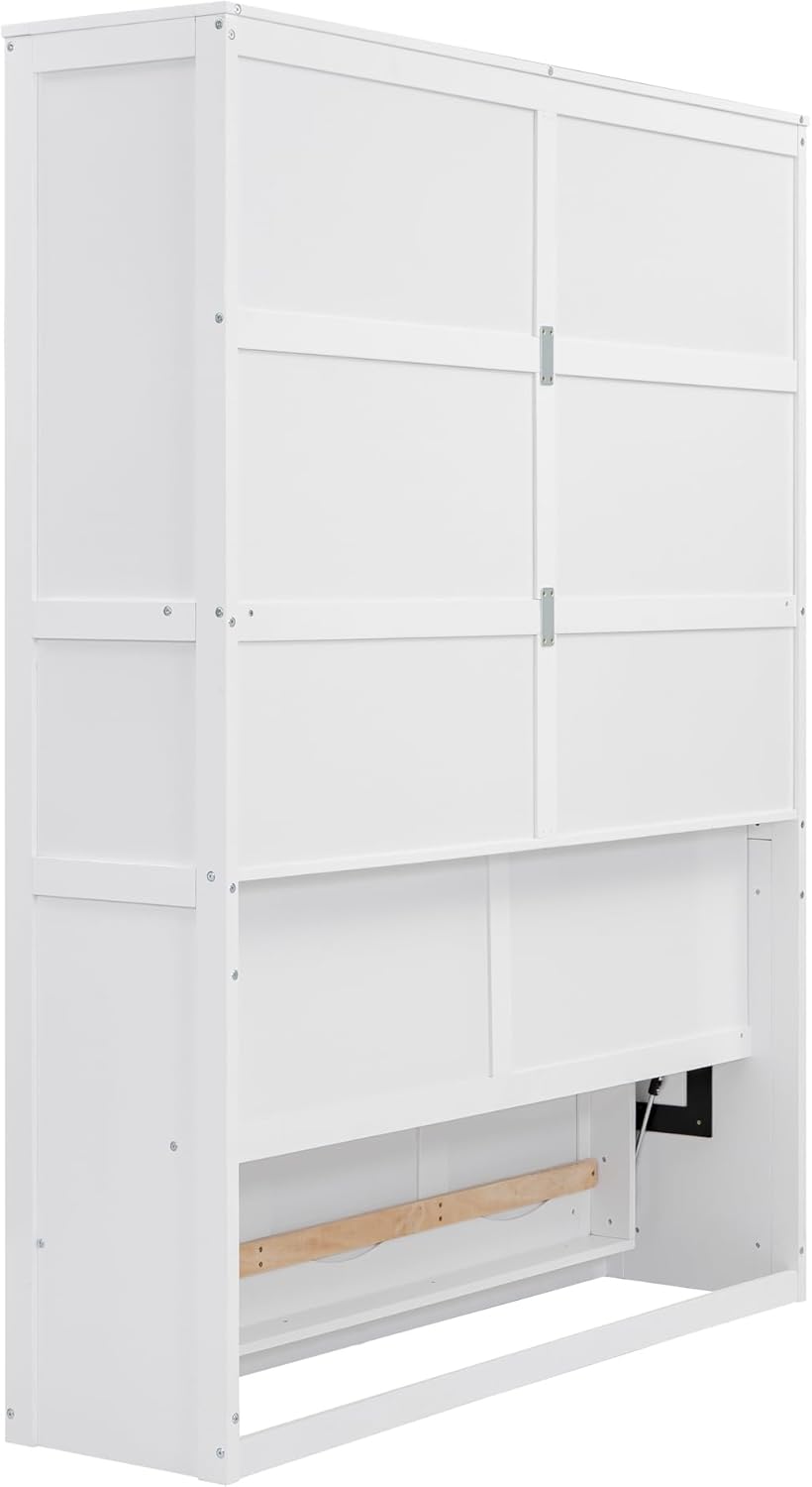 Multi-Functional Night & Day Furniture Murphy Cabinet Bed, Queen Size Murphy Bed Wall Bed with Shelves, Mobile Cabinet Bed Murphy Chest Bed, Space-Saving Folding Murphy Bed(White)