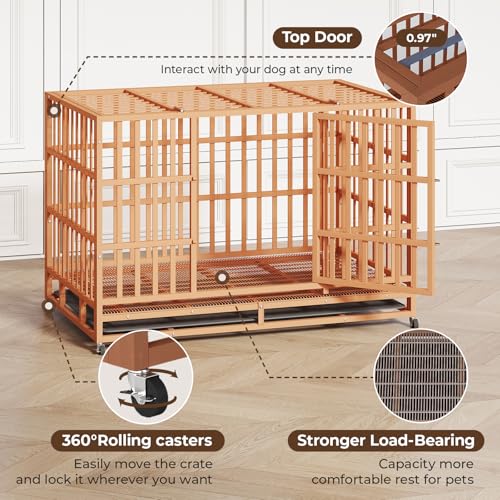 48 Inch Heavy Duty Indestructible Dog Crate Steel Escape Proof, Indoor Double Door High Anxiety Cage, Kennel with Wheels, Removable Tray, Extra Large XL XXL