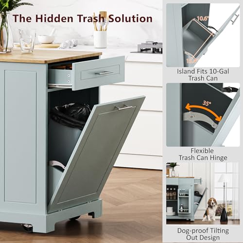 60" Kitchen Island with Drop Leaf and Power Outlet, Rolling Kitchen Cart on Wheels with Trash Can Storage Cabinet, Spice Rack, Towel Rack and Adjustable Shelf for Dining Room