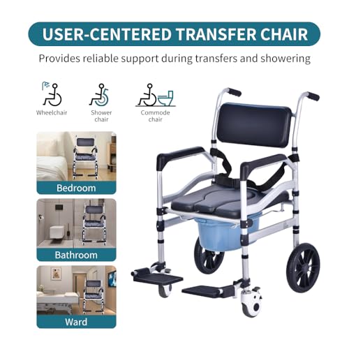 3IN1 Bathroom Wheelchairs, Bedside Commode Chair with Wheel + Raised Toilet Seat Raiser for Seniors+ Bath Shower Chair with Handles, Portable Folding Toilet Lift Bar for Elderly