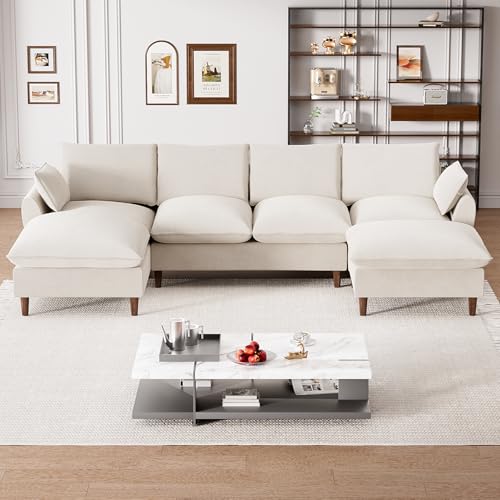 U-Shaped Sectional Sofa Couch, 112" Comfy Deep Seat Cloud Couch with Convertible Ottoman & Chaise, Modern Oversized Modular 5 Seat Sleeper Sofa Set for Living Room Office, Beige White Chenille