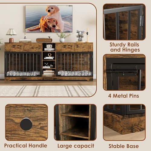 GarveeHome 82” Double Dog Crate Furniture, Large Dog Kennel Indoor for 2 Dogs, Heavy Duty Wooden Dog Crate TV Stand with 4 Drawers and Shelves, White