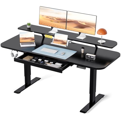 COMHOMA Electric Standing Desk with Drawers, 48 x 24'' Sit Stand up Desk with Monitor Stand, Laptop Stand, Height Adjustable Ergonomic Home Office Computer Desk with Memory Preset Controller (Black)