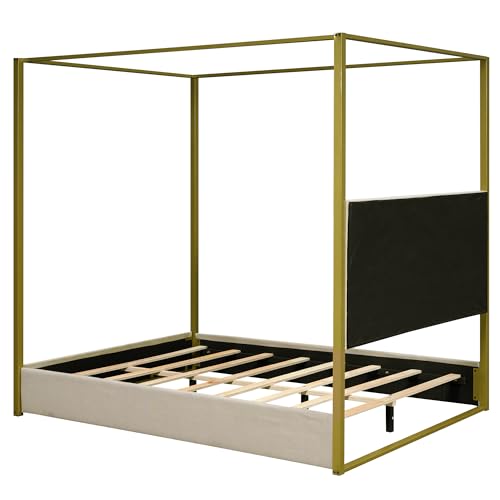 SOFTSEA Upholstery Canopy Platform Bed with Headboard and Metal Frame, Queen Size 4-Poster Canopy Floor Bed Frame for Kids Teens Bedroom, No Box Spring Needed, Beige