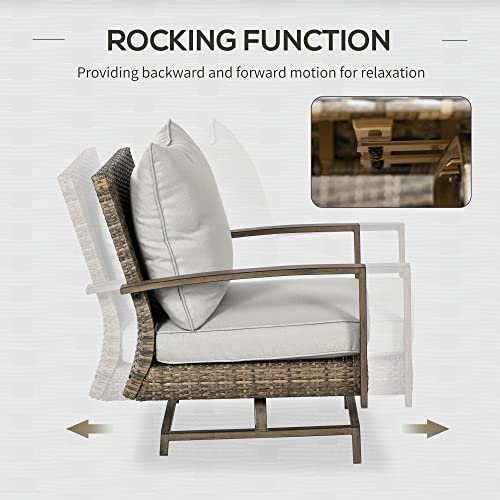 Outsunny 4 Piece Wicker Patio Furniture Set with 2 Rocking Chairs, Loveseat Sofa, Outdoor PE Rattan Conversation Set with Cushions, Aluminum Table for Porch, Poolside, Light Gray