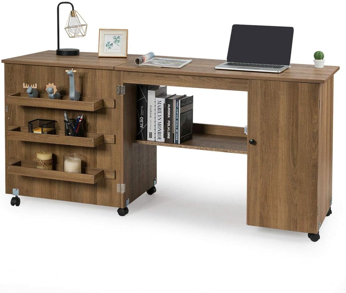Multifunction Design Folding Sewing Craft Table Shelves Storage Cabinet Computer Desk Home Furniture with Wheels, Space-Saving,3 Storage Bins Natural
