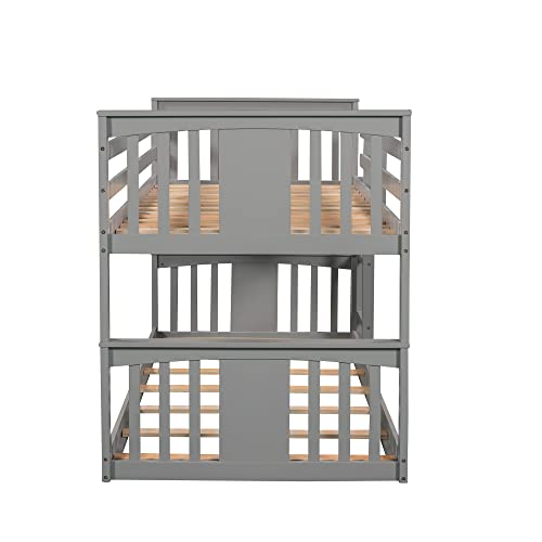 Harper & Bright Designs Low Bunk Bed for Kids Teens, Solid Wood Twin over Twin Floor Bunk Beds with Ladder and Guard Rail (New, Gray)