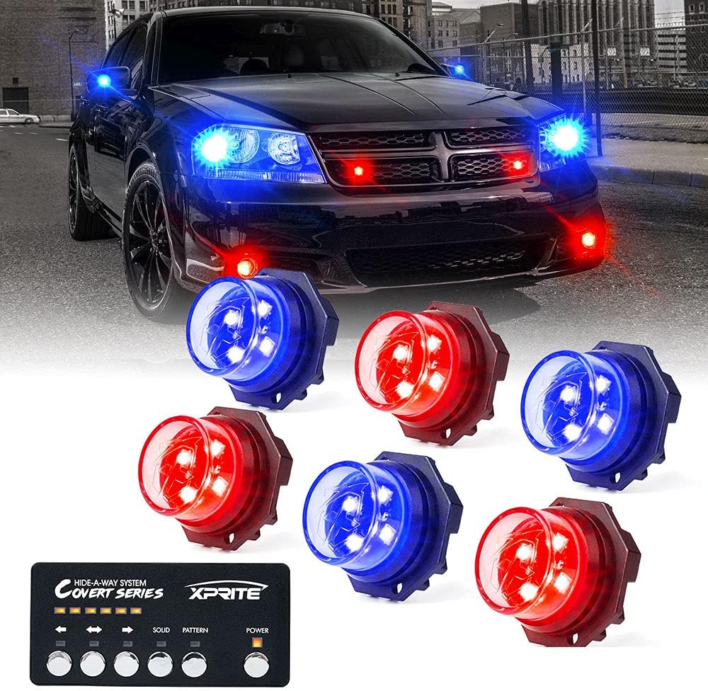 Xprite White LED Hideaway Strobe Lights Kit w/ Controller, Grille Surface Mount Hazard Warning Safety Flashing Light for Emergency Pickup Trucks Construction Vehicle Rear Tail Light Headlights 8 PCS