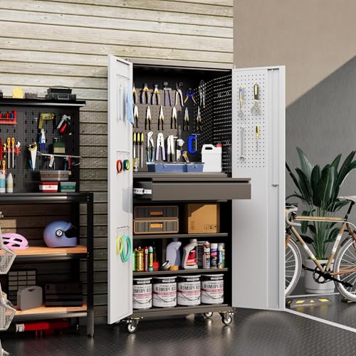 Aobabo Garage Storage Cabinet with Wheels,72" H Metal Storage Cabinet with 2 Doors and 4 Adjustable Shelves for Garage Home, Black,Required-Assembly