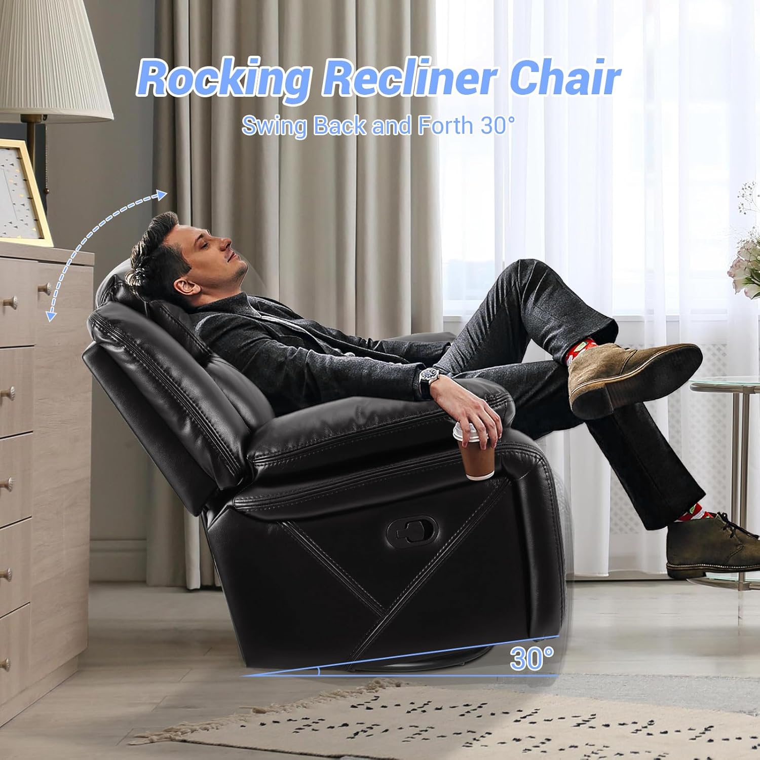 Swivel Rocker Recliner Chair, Glider Rocking Recliner Leather Lazy Boy Recliners Chair for Small Spaces, PU Faux Manual Reclining Chair for Living Room Bedroom RV Nursery Black