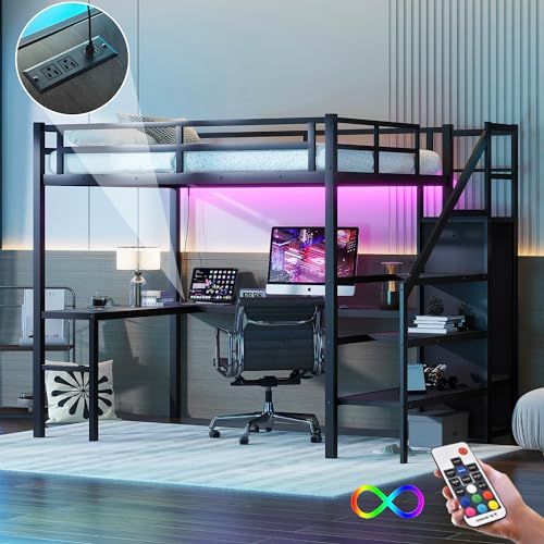 Wood Full Size Gaming Loft Bed with Desk, Multi-storage Shelves, LED and Charging Station，Suit High Loft Bed Frame with Bookshelf for Kids Teens Adults (Black, Full)