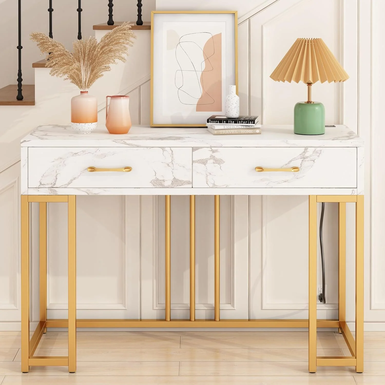 Console Table for Entryway, Sofa Table Narrow Long, 1-Tier Entryway Hallway Table with 2 Drawer for Entryway, Living Room, Couch (Marble White)