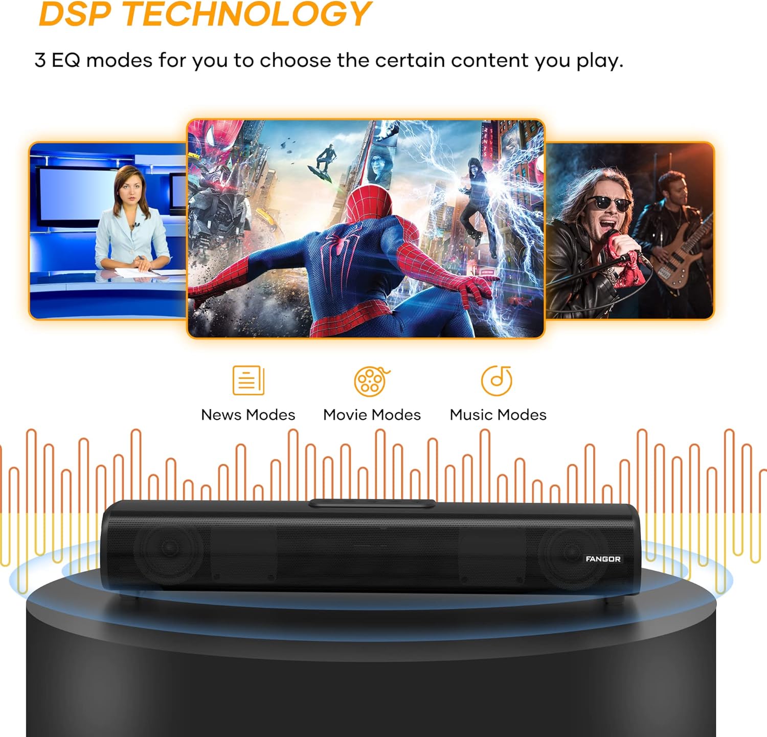 Sound Bar, FANGOR 60W 16-Inch Small Sound Bar for TV, Bluetooth 5.0 Speaker, 3 Equalizer Modes Audio, Bass Adjustable, Built-in DSP, Optical/HDMI/Aux/USB Connection for TV, PC, Projectors