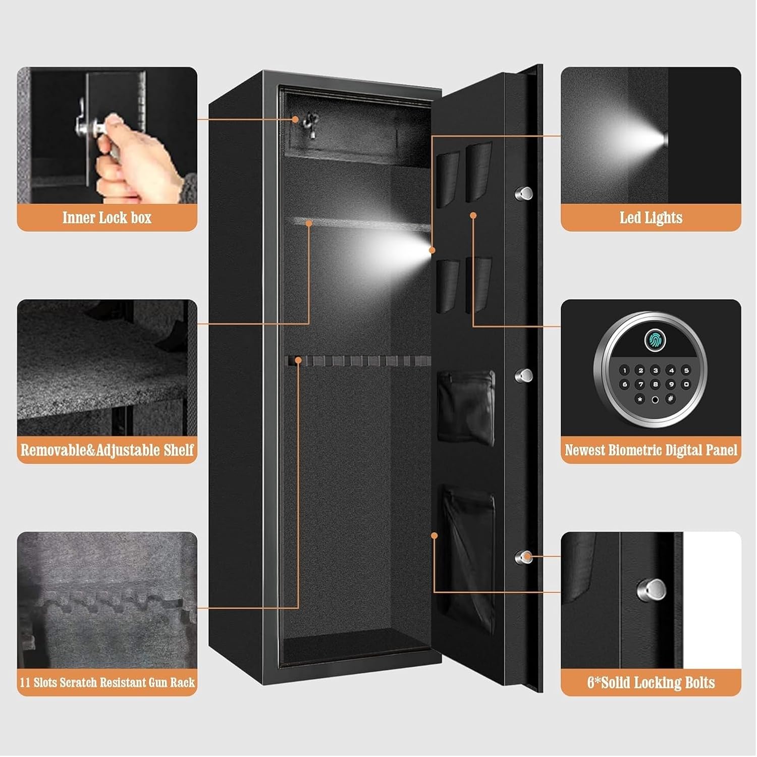 7-9 Large Long Gun Safe for Home Rifle and Pistols, Biometric Gun Safes for Rifles and Shotguns, Fireproof Gun Safe with Removable Gun Rack, LED Light and Pistol Pockets