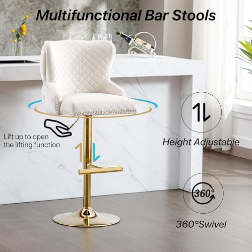 Velvet Barstools Set of 2, Counter Height Adjustable Swivel Barchairs with Golden Lion Head Ring, Thicken Padded Tufted Backrest Chrome Nailhead Trim Bar Stools for Kitchen(Beige)