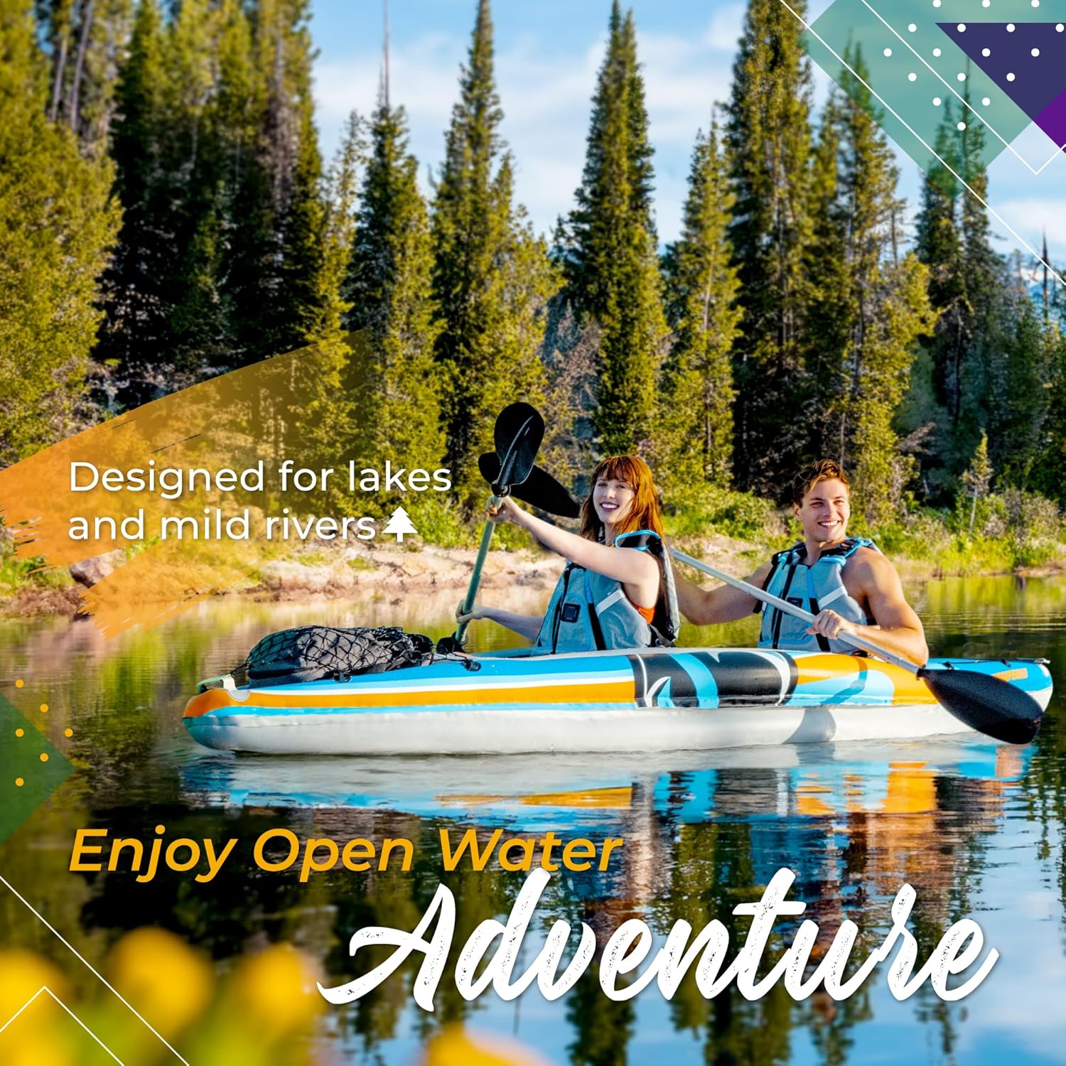 Sunlite Sports 2-Person Inflatable Kayak with Aluminum Oars (136" x 33"), High Output Air Pump and Storage Bag, Double Tandem Kayak for Adults, Two Person Canoe and Kayack, S2 Chesapeake