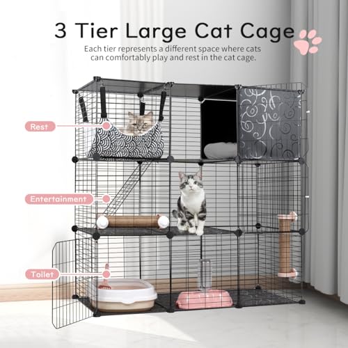 4-Tier Cat Cage with Storage Cubes, Large Cat Cages Indoor with Litter Box, DIY Metal Wire Cat Enclosure Playpen Kennels Crate Catio with Hammock, Cat Bed, Scratcher, Bowl for 1-3 Cats