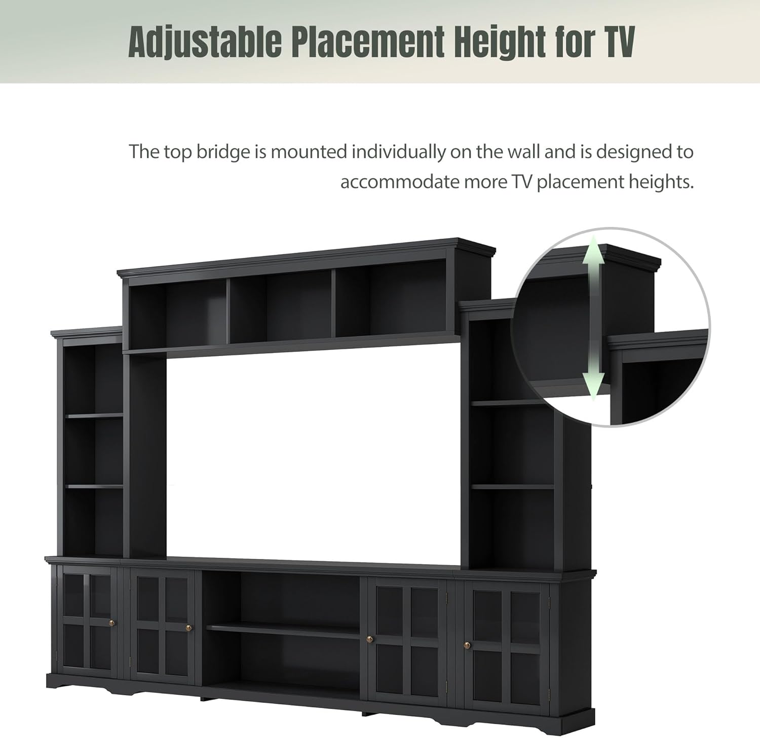 Modern Entertainment Wall Unit Bookshelves, Console Table Minimalism Multifunctional Stand for TVs Up to 70" with Glass Doors & Shelves for Living Room,Home Theater,Black, with Bridge