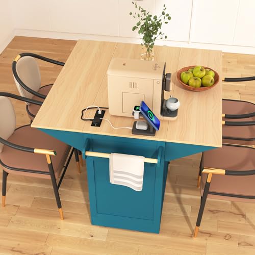 Rolling Kitchen Island with 2 Drop Leaf and Power Outlet, Island Table on Wheels with Towel Rack and Spice Rack, Kitchen Cart with Storage Cabinet and Drawers (White)