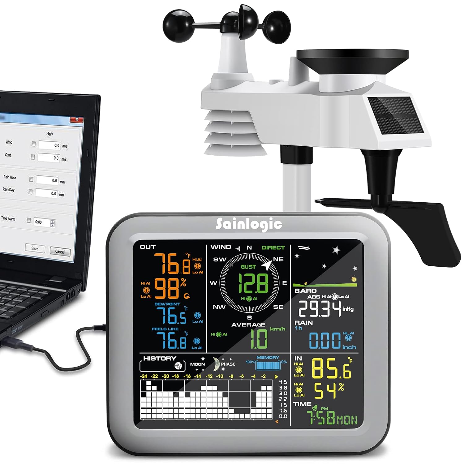 Sainlogic Wireless Weather Station with Outdoor Sensor, Weather Forecast, Temperature, Air Pressure, Humidity, Wind Gauge, Rain Gauge, PC Export Data Software（Windows OS)