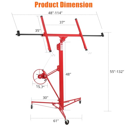 Drywall Lift 11FT, Drywall Jack Lift for Ceiling, Adjustable Panel Hoist, 150LBS Heavy Duty Drywall Lifter, 3 Lockable Wheels Foldable Sheetrock Lift for Home Improvement, Red