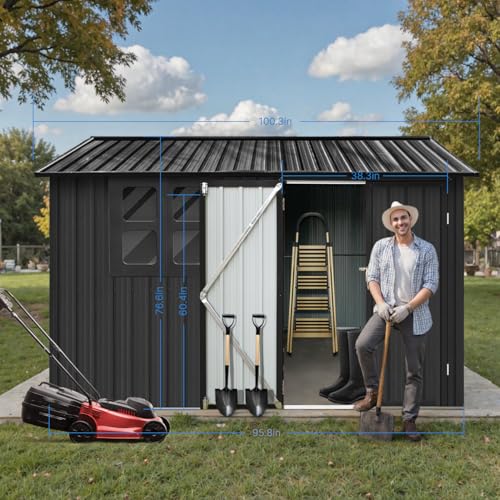 10' x 8' Large Outdoor Storage Shed, Sturdy Metal Building w/Windows & Lockable Doors for Garden, Backyard, Poolside and Lawn, Grey