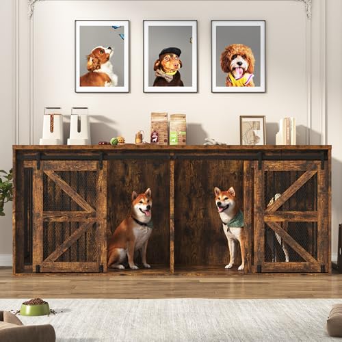 87In Farmhouse Dog Crate TV Stand, Wooden Dog Kennel Furniture with Sliding Metal Mesh Barn Door, Large Dog Crate Furniture for 2 Dogs, Solid Metal Tube & 2 Lockable Doors, Black