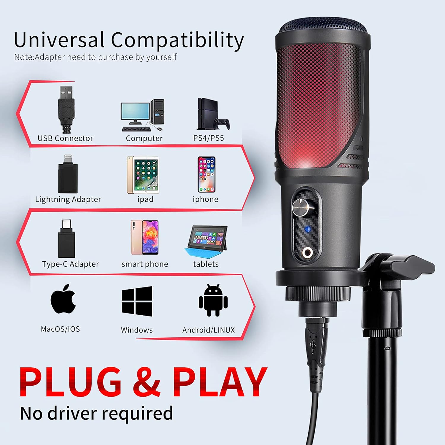 USB Microphone - LILANZo Computer Condenser Gaming Mic for PC/Laptop/Phone/PS4/5, Cardioid, Headphone Output, Volume Control & Mute Button Microphone for Streaming, Podcast, Studio Recording, Red LED Pack of 2