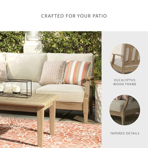 Signature Design by Ashley Carter Hall Outdoor Eucalyptus Patio Sofa with Cushion, Beige
