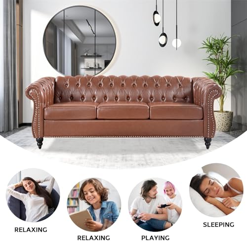 Black Faux Leather 3-seater Couch, 84in Sofas for Living Room, Bedroom, Office, with Rolled Arm, Deep Seating and Buttoned Classic Chesterfield Sofa