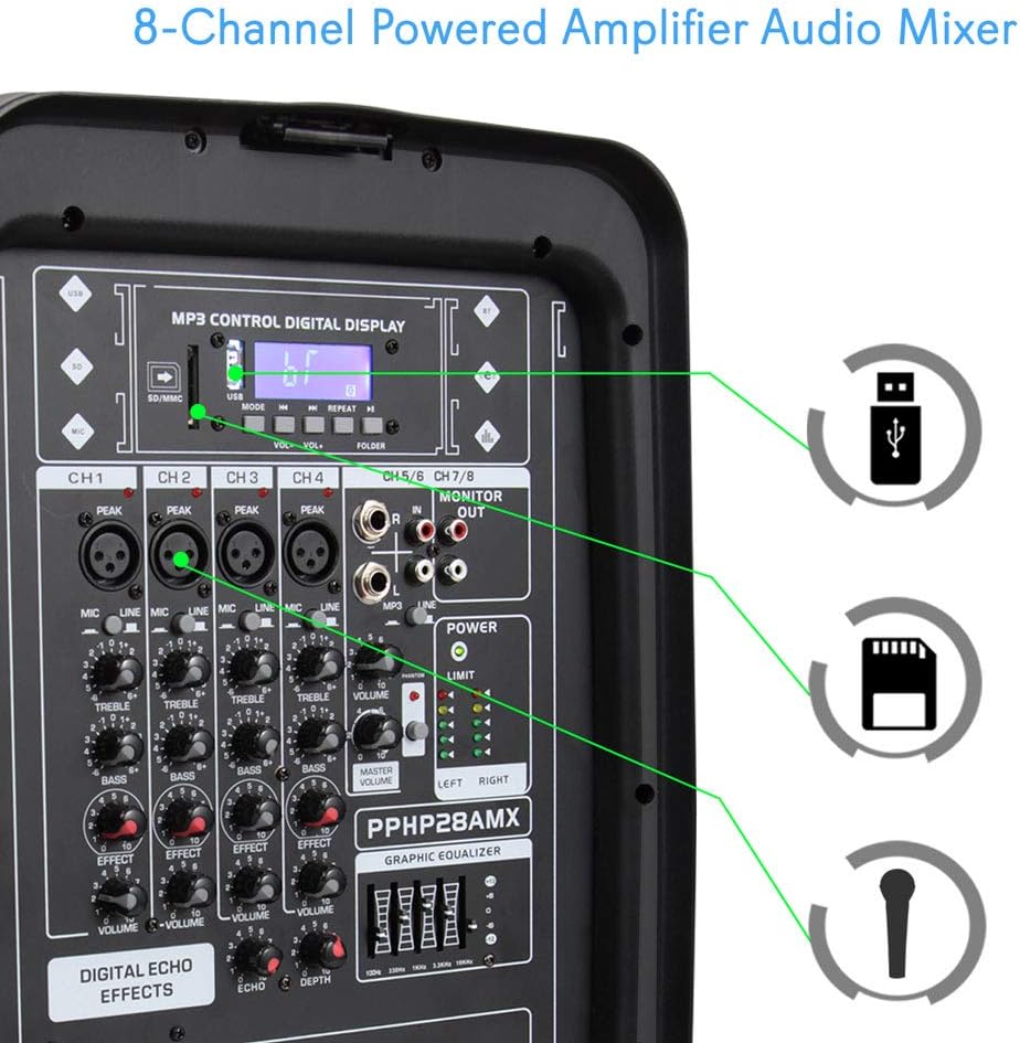 PA Speaker DJ Mixer Bundle - 300 W Portable Wireless Bluetooth Sound System w/ USB SD XLR 1/4 RCA Inputs - Dual Speaker, Mixer, Microphone, Stand, Cable - Home/Outdoor Party - Pyle PPHP28AMX,Black